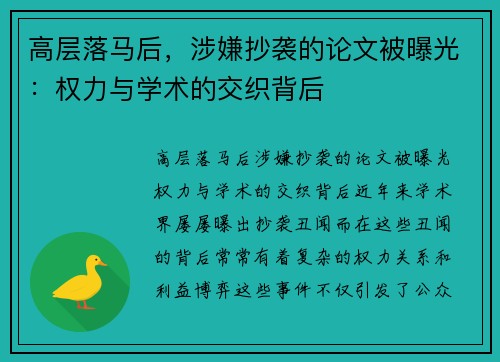 高层落马后，涉嫌抄袭的论文被曝光：权力与学术的交织背后