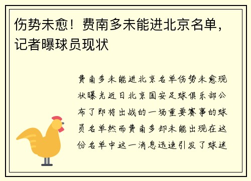伤势未愈！费南多未能进北京名单，记者曝球员现状