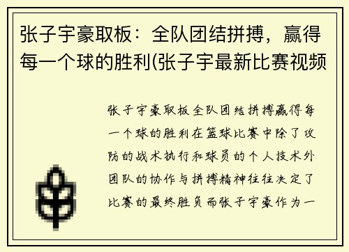 张子宇豪取板：全队团结拼搏，赢得每一个球的胜利(张子宇最新比赛视频)