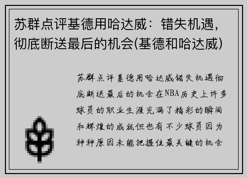 苏群点评基德用哈达威：错失机遇，彻底断送最后的机会(基德和哈达威)
