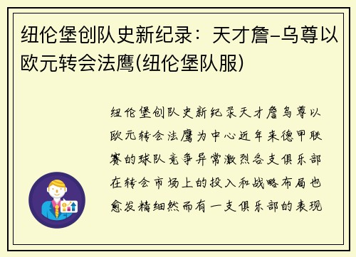纽伦堡创队史新纪录：天才詹-乌尊以欧元转会法鹰(纽伦堡队服)