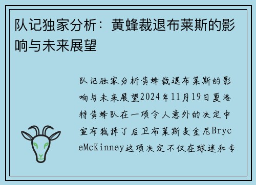 队记独家分析：黄蜂裁退布莱斯的影响与未来展望
