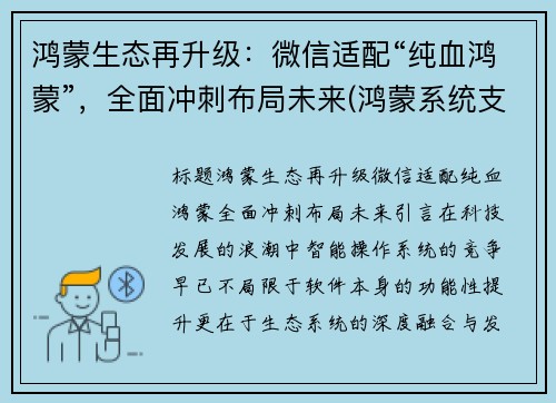 鸿蒙生态再升级：微信适配“纯血鸿蒙”，全面冲刺布局未来(鸿蒙系统支持微信)