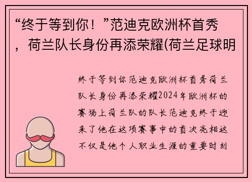 “终于等到你！”范迪克欧洲杯首秀，荷兰队长身份再添荣耀(荷兰足球明星范迪克)