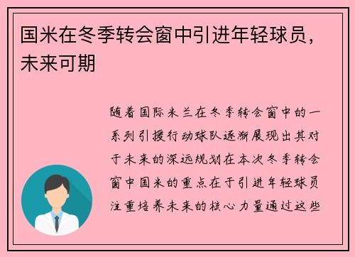 国米在冬季转会窗中引进年轻球员，未来可期